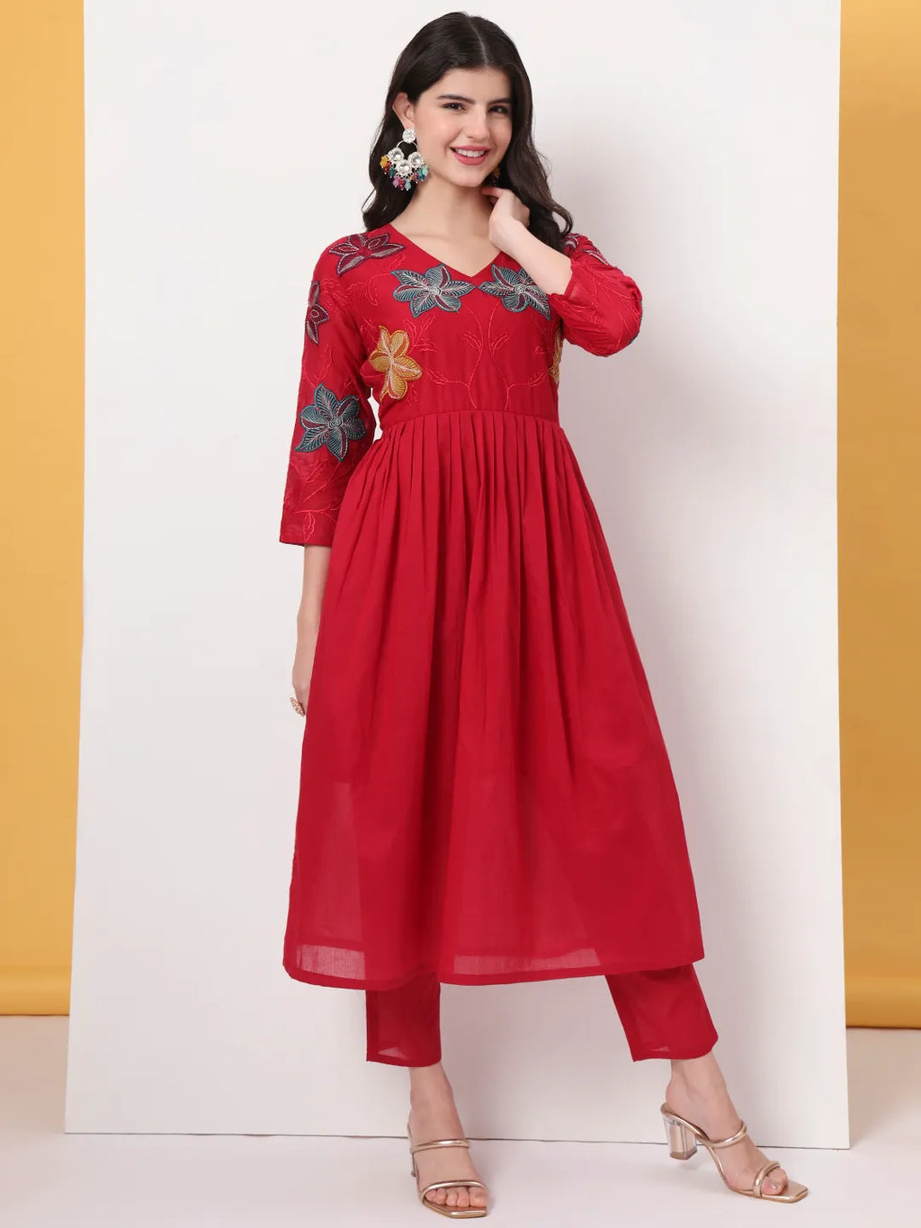 Yufta Pure Cotton Red Anarkali Kurta Dupatta Pant Set | Grocsy