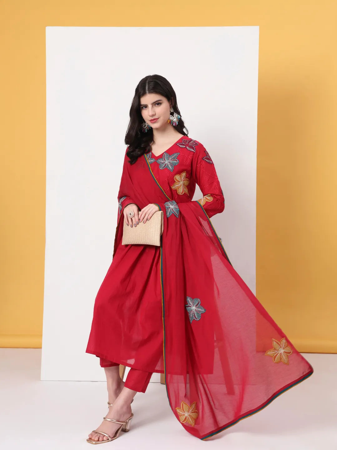 Yufta Pure Cotton Red Anarkali Kurta Dupatta Pant Set | Grocsy