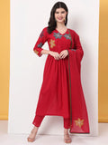 Yufta Pure Cotton Red Anarkali Kurta Dupatta Pant Set | Grocsy
