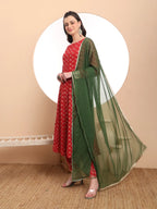 Yufta Pure Cotton Red Anarkali Kurta Dupatta Set | Grocsy