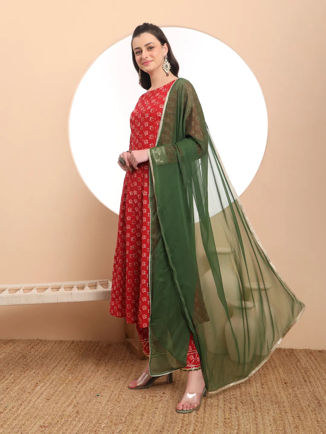 Yufta Pure Cotton Red Anarkali Kurta Dupatta Set | Grocsy