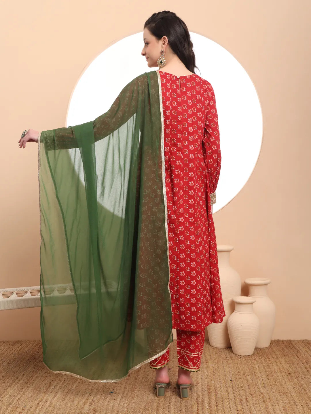 Yufta Pure Cotton Red Anarkali Kurta Dupatta Set | Grocsy