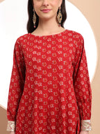 Yufta Pure Cotton Red Anarkali Kurta Dupatta Set | Grocsy