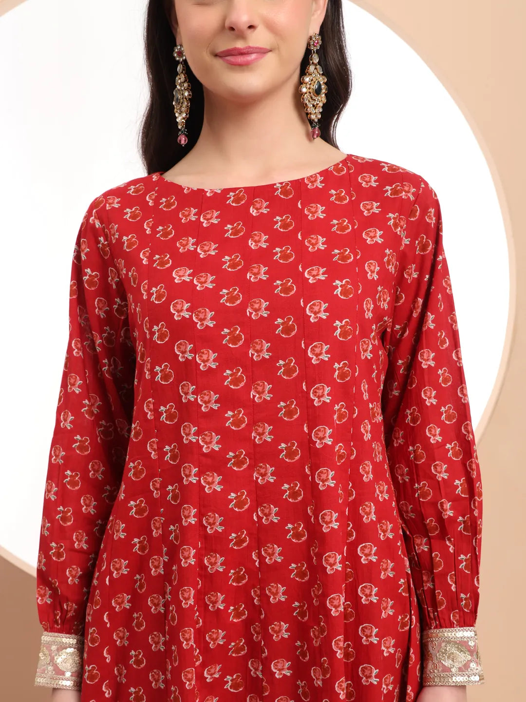 Yufta Pure Cotton Red Anarkali Kurta Dupatta Set | Grocsy