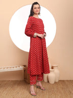 Yufta Pure Cotton Red Anarkali Kurta Dupatta Set | Grocsy