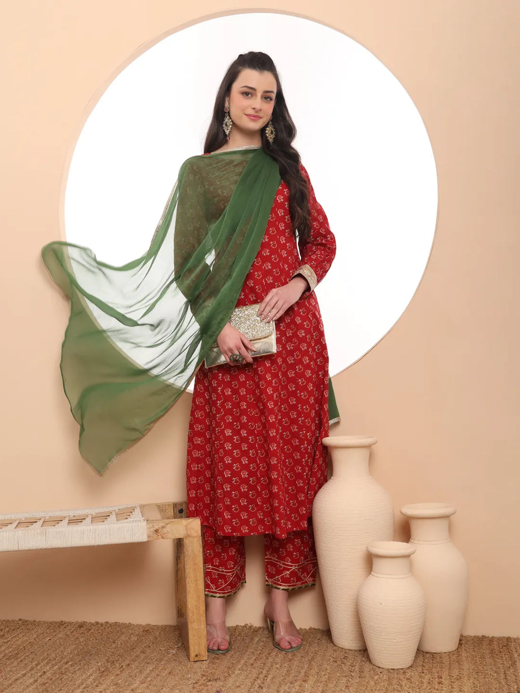 Yufta Pure Cotton Red Anarkali Kurta Dupatta Set | Grocsy