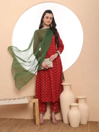 Yufta Pure Cotton Red Anarkali Kurta Dupatta Set | Grocsy