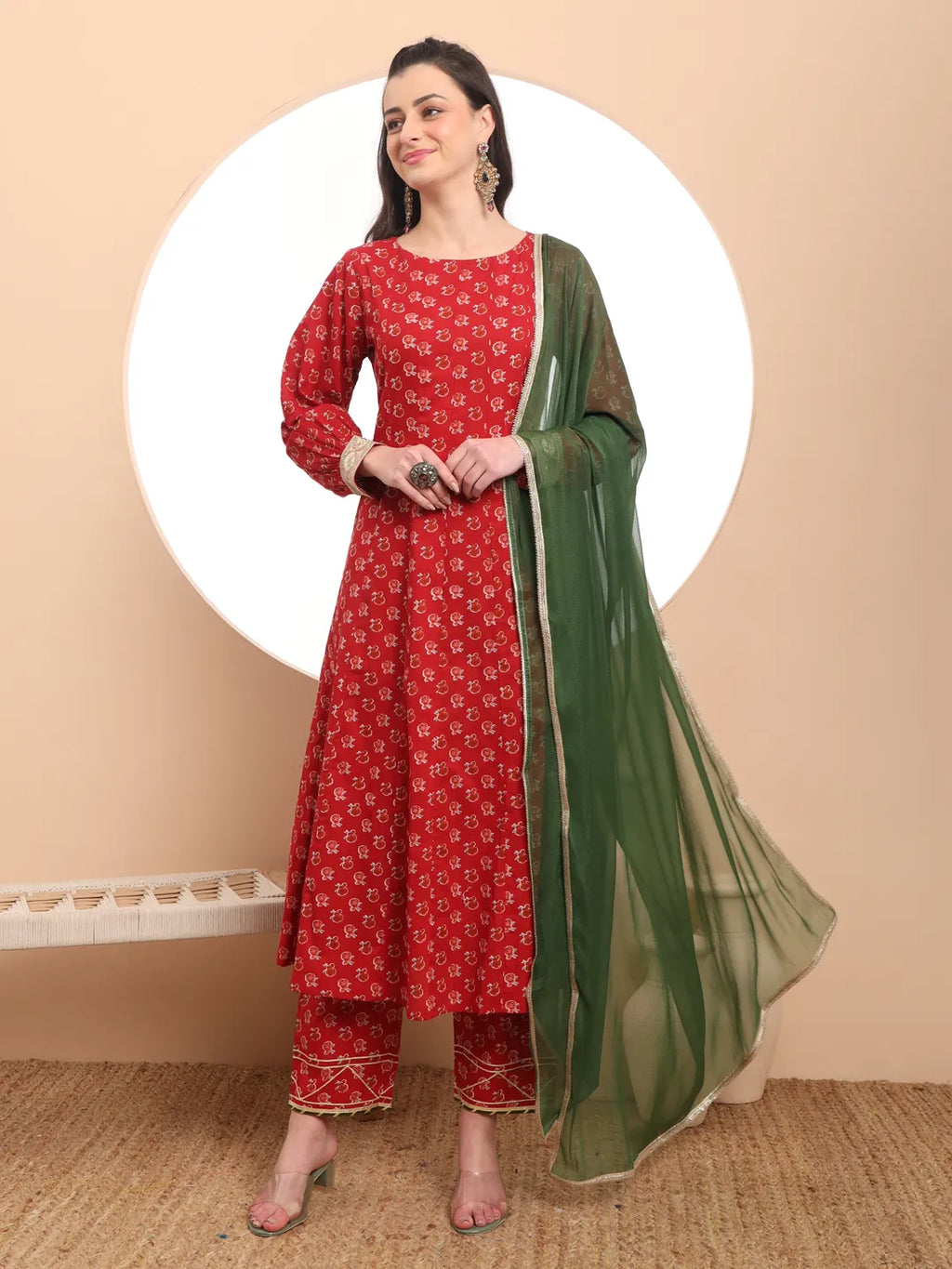 Yufta Pure Cotton Red Anarkali Kurta Dupatta Set | Grocsy