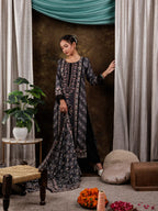Yufta Pure Muslin Silk Black Ethnic Motifs Kurta Dupatta Set | Grocsy