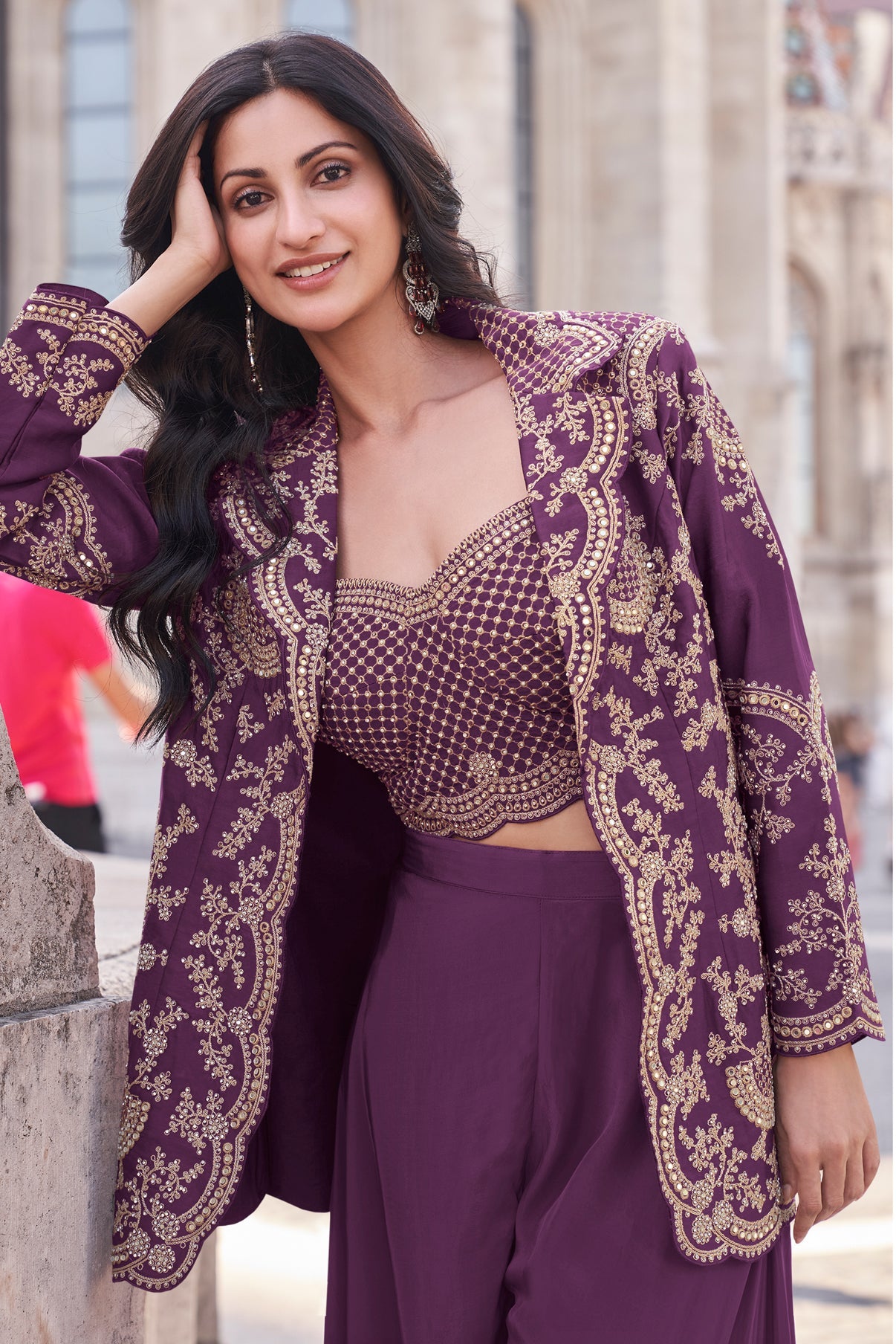 Evanik Designer Chinon Silk with Embroidery Dori Sequence Work Palazzo With Kurta Set | Grocsy