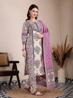Yufta Purple And Beige Pure Cotton Floral Sequins Work Kurta Dupatta Set | Grocsy