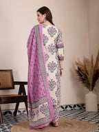 Yufta Purple And Beige Pure Cotton Floral Sequins Work Kurta Dupatta Set | Grocsy