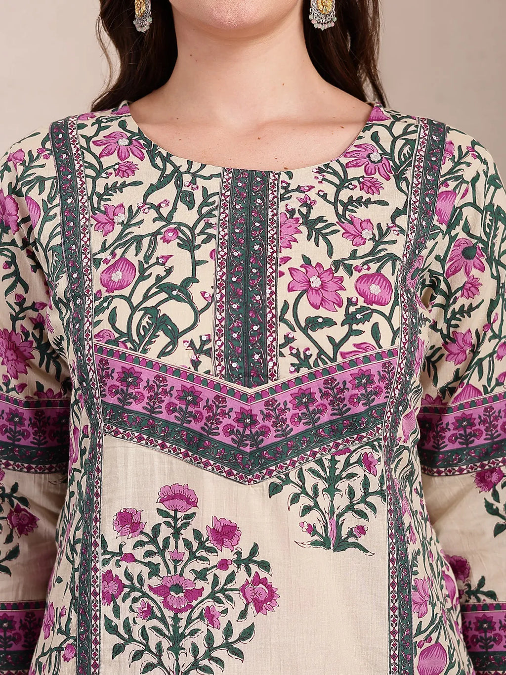 Yufta Purple And Beige Pure Cotton Floral Sequins Work Kurta Dupatta Set | Grocsy