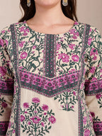 Yufta Purple And Beige Pure Cotton Floral Sequins Work Kurta Dupatta Set | Grocsy