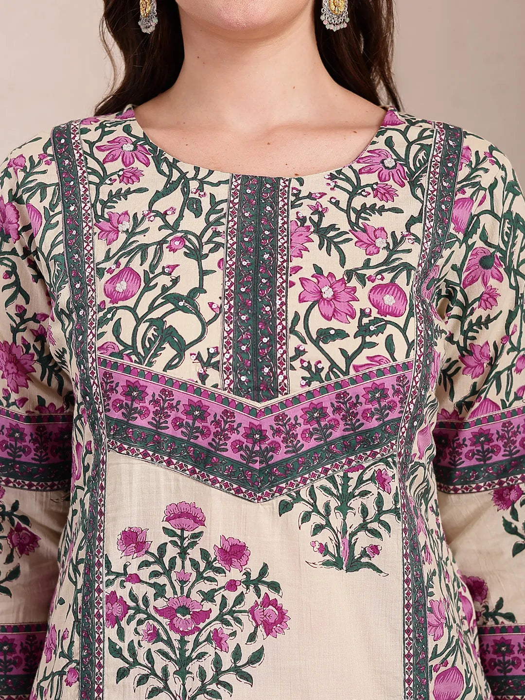 Yufta Purple And Beige Pure Cotton Floral Sequins Work Kurta Dupatta Set | Grocsy
