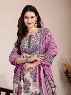 Yufta Purple And Beige Pure Cotton Floral Sequins Work Kurta Dupatta Set | Grocsy