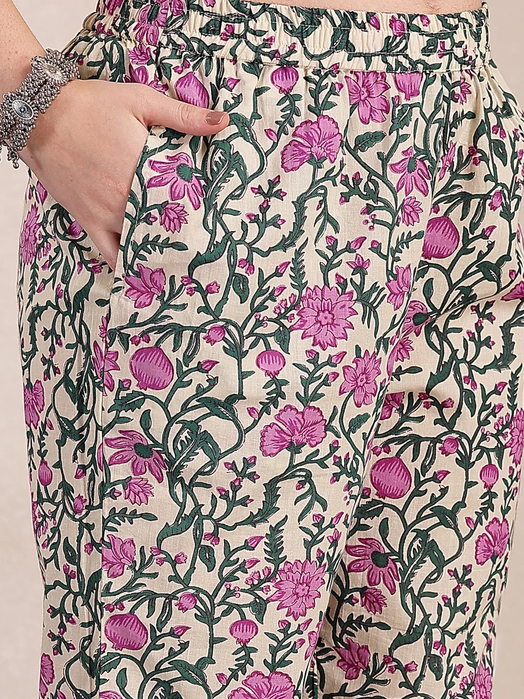 Yufta Purple And Beige Pure Cotton Floral Sequins Work Kurta Dupatta Set | Grocsy