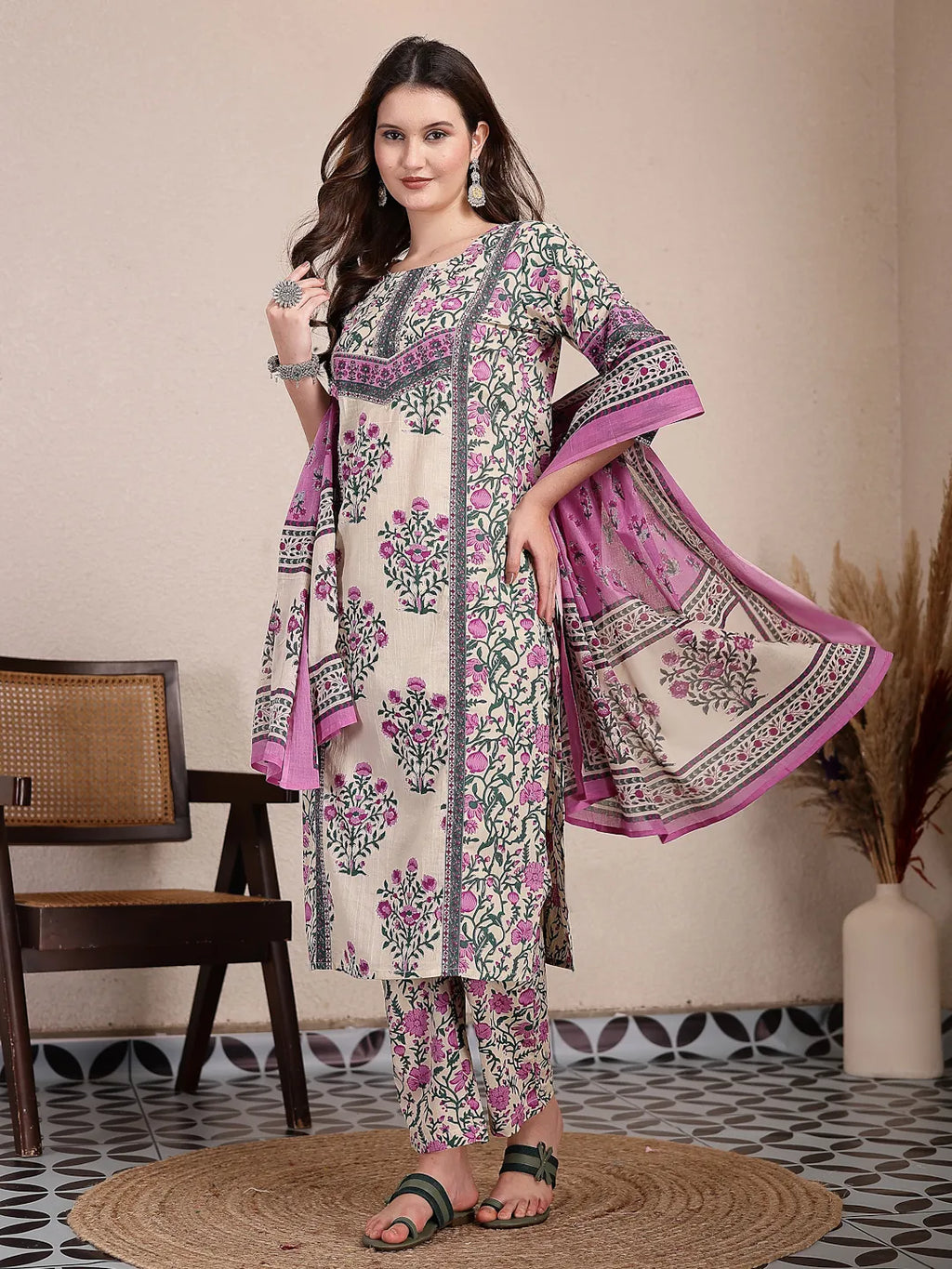Yufta Purple And Beige Pure Cotton Floral Sequins Work Kurta Dupatta Set | Grocsy