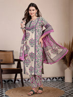 Yufta Purple And Beige Pure Cotton Floral Sequins Work Kurta Dupatta Set | Grocsy