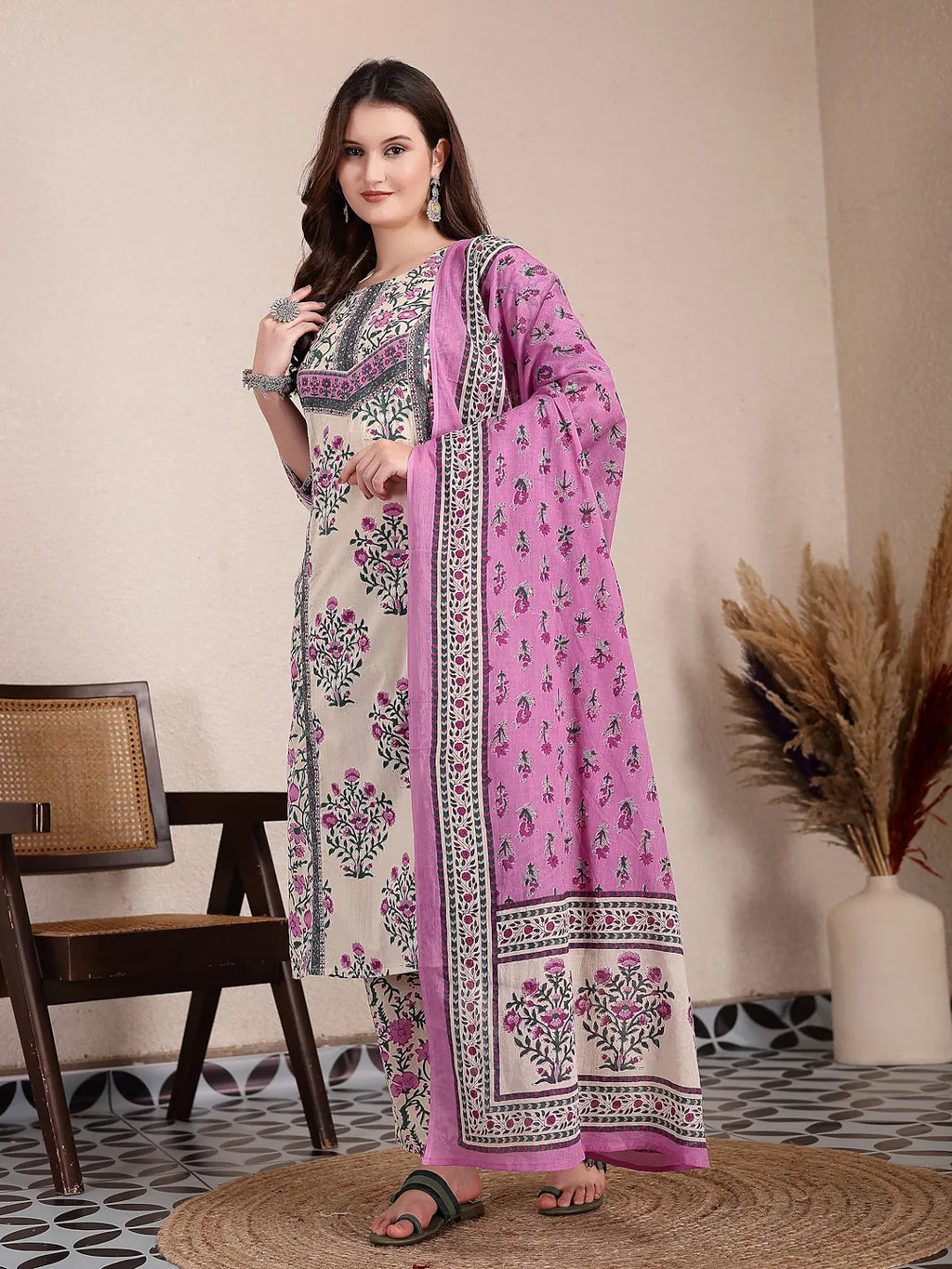 Yufta Purple And Beige Pure Cotton Floral Sequins Work Kurta Dupatta Set | Grocsy