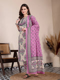 Yufta Purple And Beige Pure Cotton Floral Sequins Work Kurta Dupatta Set | Grocsy