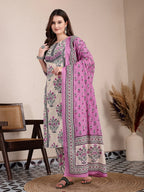 Yufta Purple And Beige Pure Cotton Floral Sequins Work Kurta Dupatta Set | Grocsy