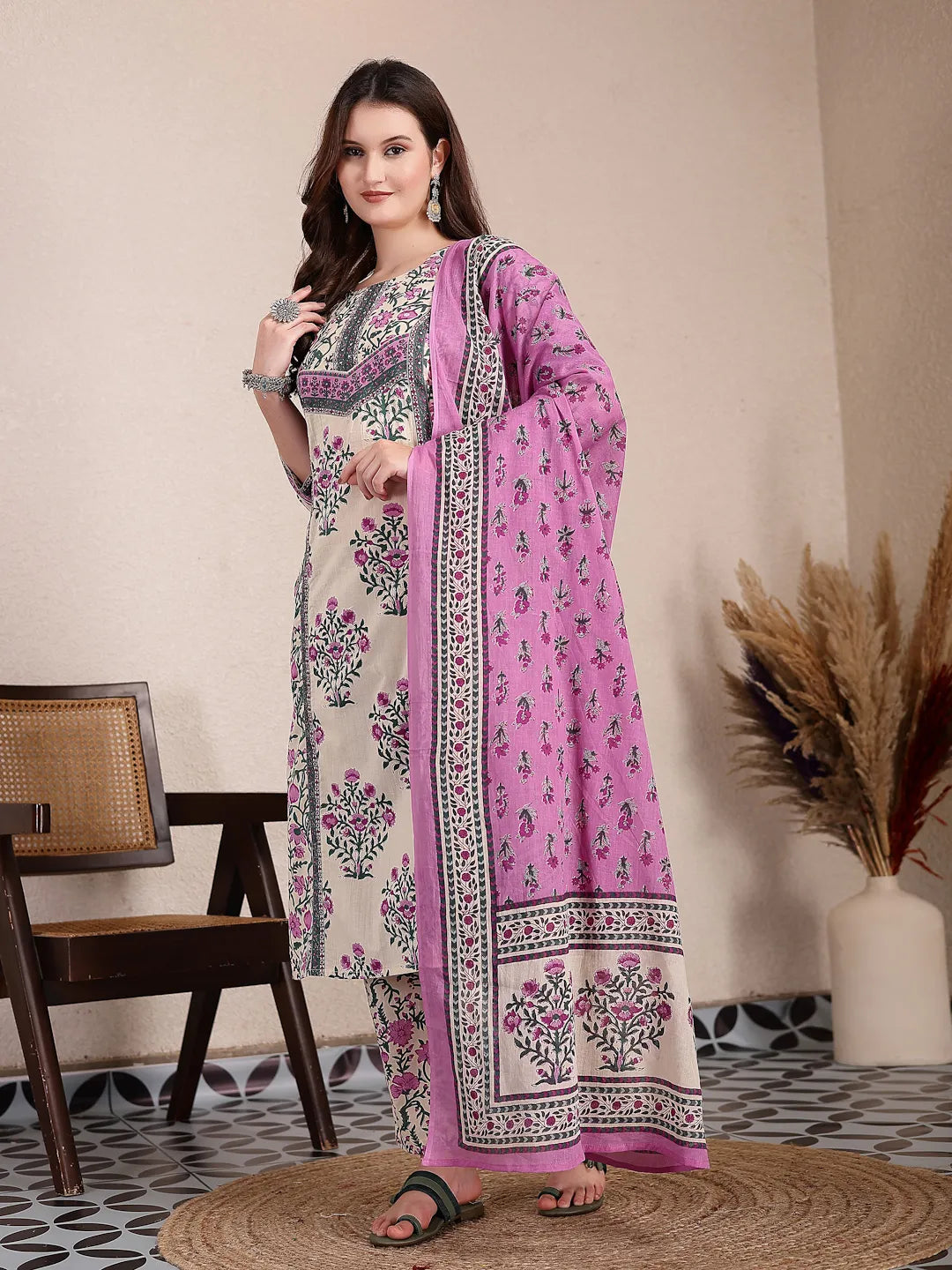 Yufta Purple And Beige Pure Cotton Floral Sequins Work Kurta Dupatta Set | Grocsy