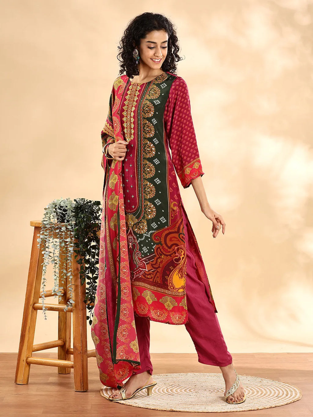 Yufta Purple And Green Silk Crepe Sequins Work Straight Kurta Dupatta Pant Set | Grocsy