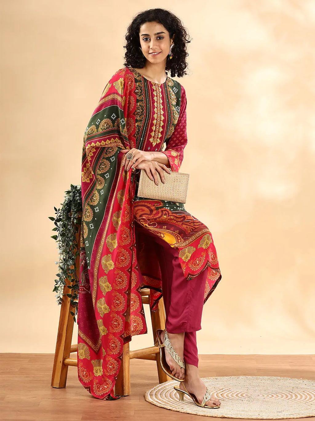 Yufta Purple And Green Silk Crepe Sequins Work Straight Kurta Dupatta Pant Set | Grocsy