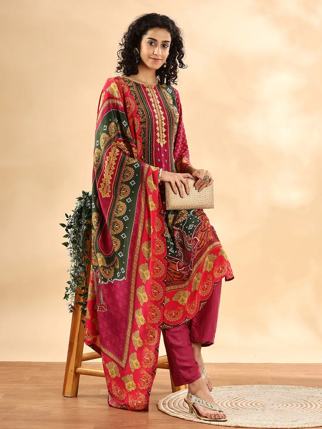 Yufta Purple And Green Silk Crepe Sequins Work Straight Kurta Dupatta Pant Set | Grocsy