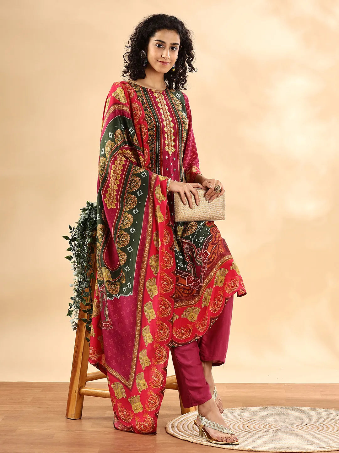 Yufta Purple And Green Silk Crepe Sequins Work Straight Kurta Dupatta Pant Set | Grocsy