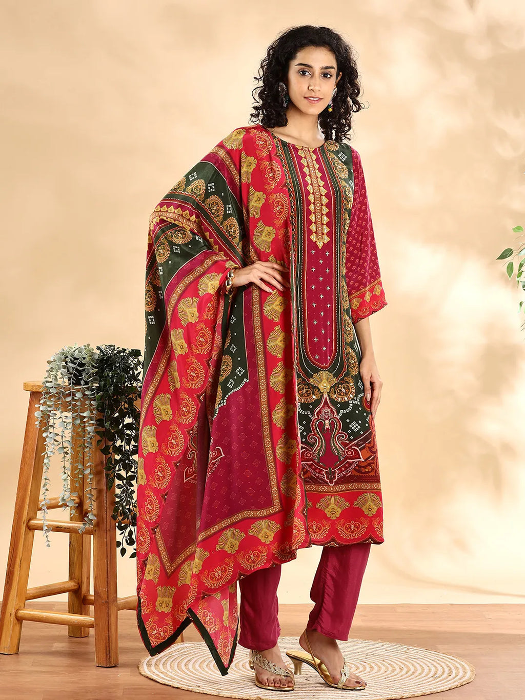 Yufta Purple And Green Silk Crepe Sequins Work Straight Kurta Dupatta Pant Set | Grocsy