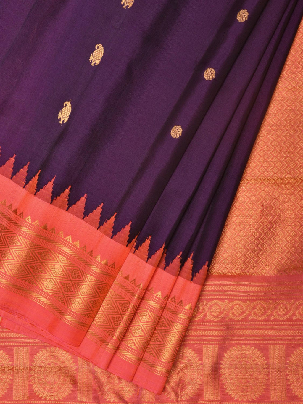 Purple and Peach Gadwal Silk Handloom Saree with Mango Pallu and Border Design - Global Threads | Grocsy