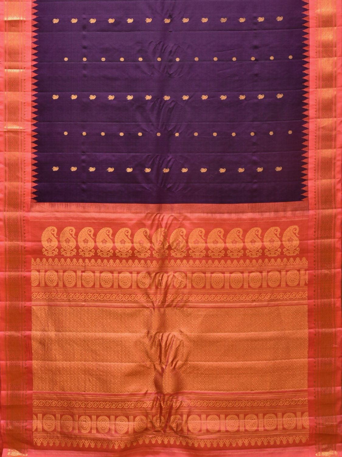 Purple and Peach Gadwal Silk Handloom Saree with Mango Pallu and Border Design - Global Threads | Grocsy