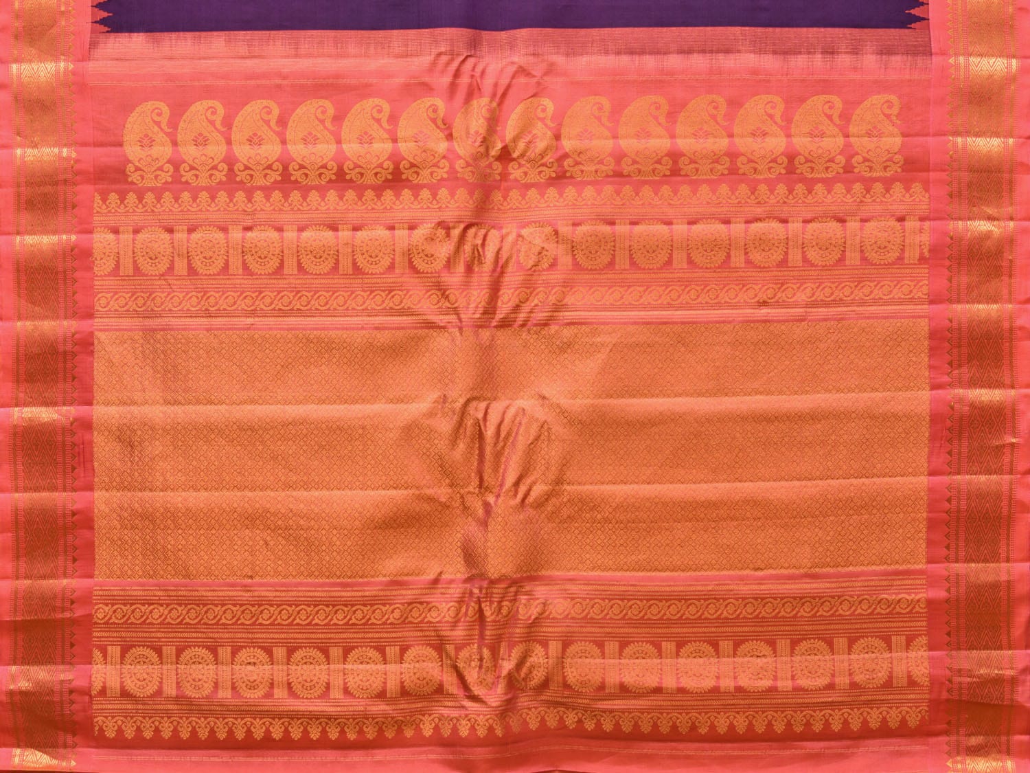 Purple and Peach Gadwal Silk Handloom Saree with Mango Pallu and Border Design - Global Threads | Grocsy