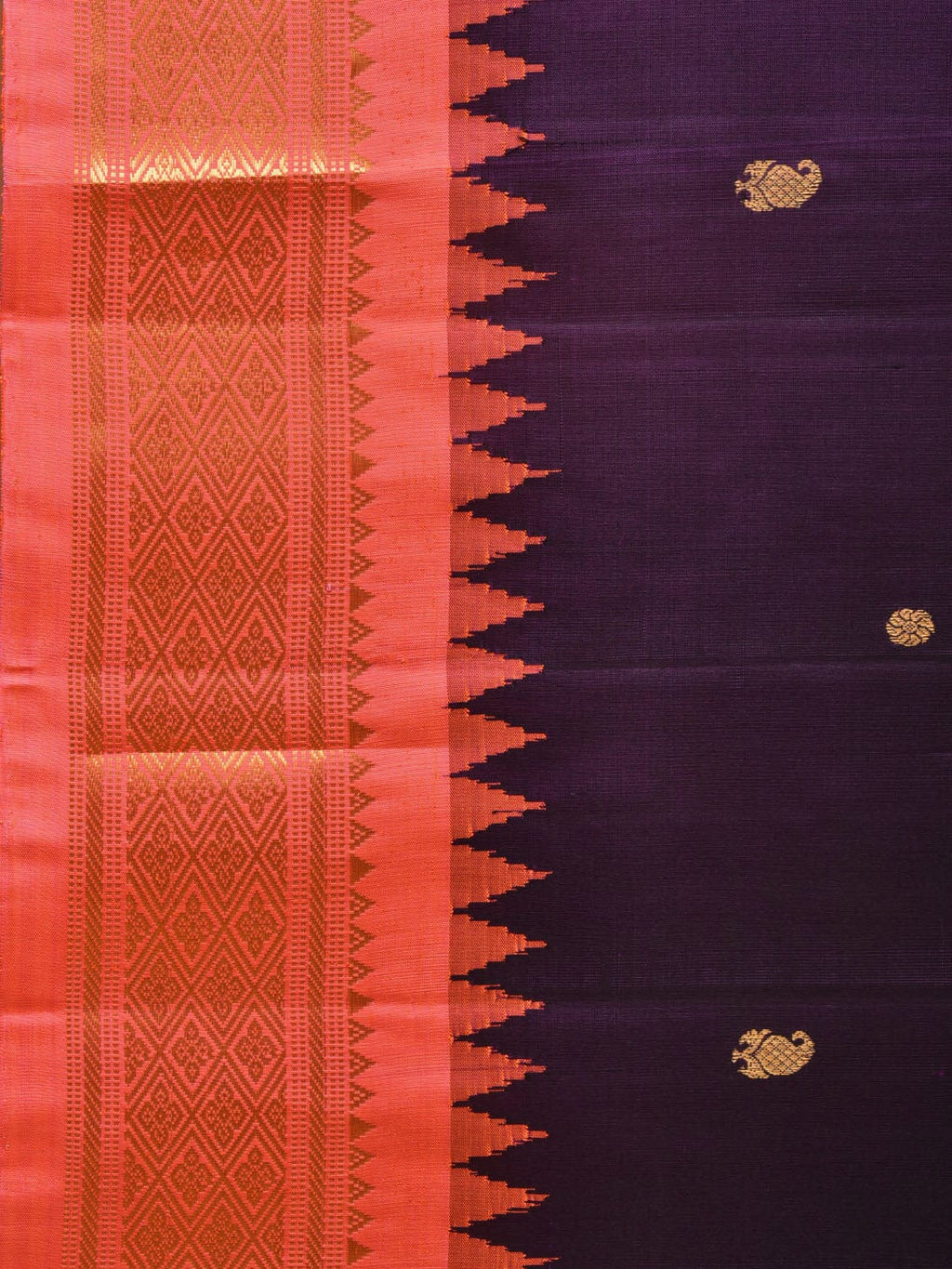 Purple and Peach Gadwal Silk Handloom Saree with Mango Pallu and Border Design - Global Threads | Grocsy