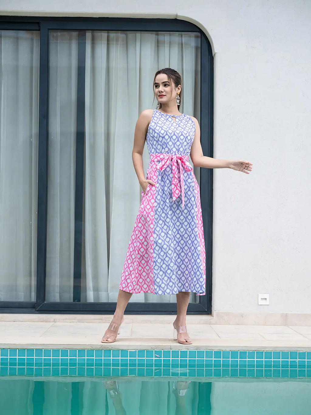 Yufta Purple And Pink Pure Cotton Colour Blocking Dress | Grocsy
