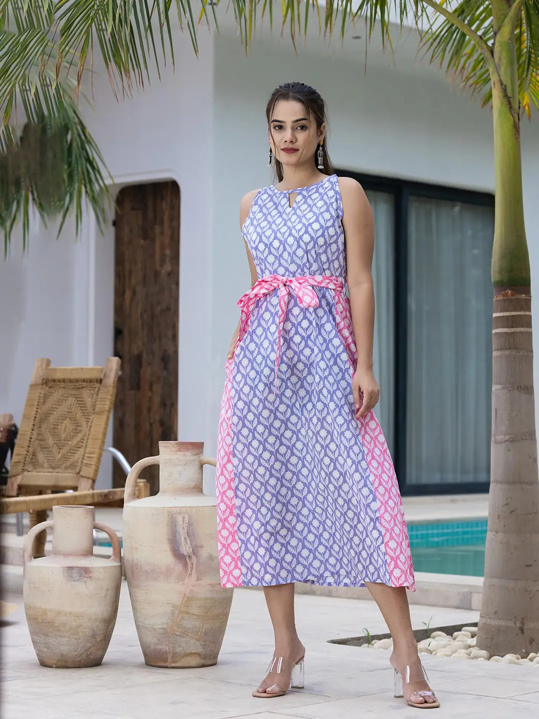 Yufta Purple And Pink Pure Cotton Colour Blocking Dress | Grocsy