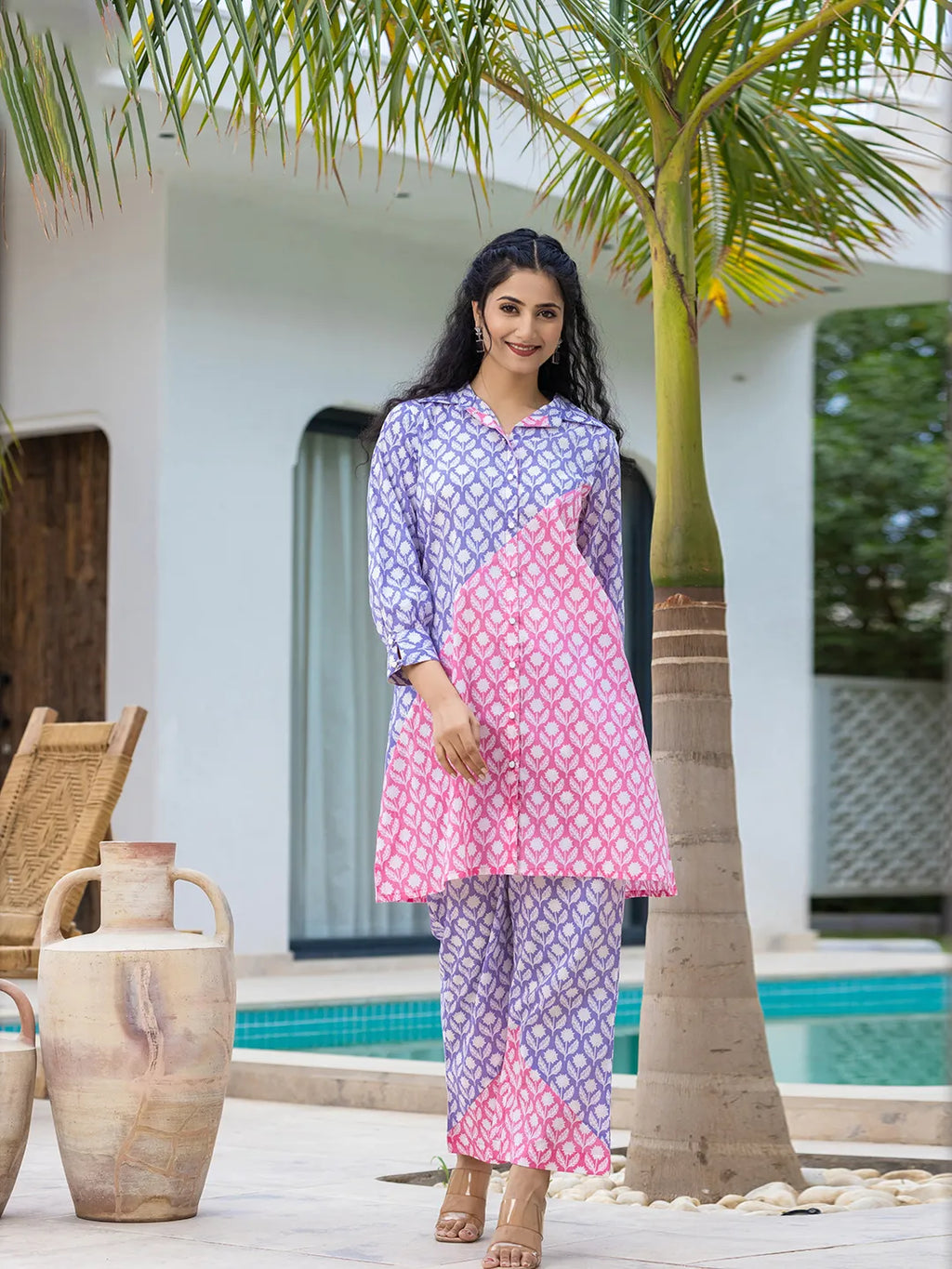 Yufta Purple & Pink Colour blocking Co Ord Set | Grocsy
