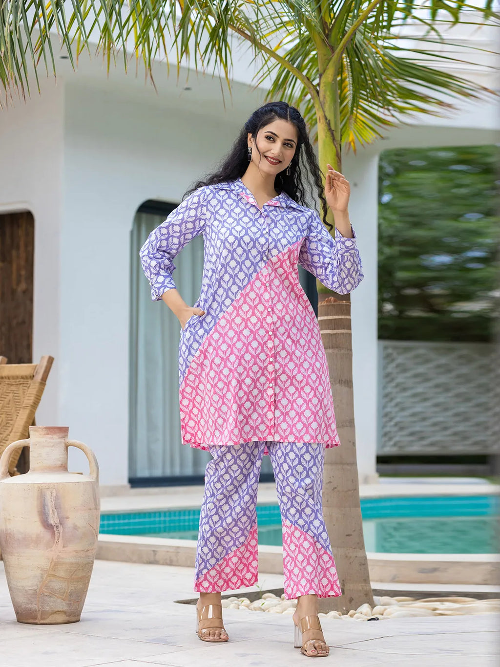 Yufta Purple & Pink Colour blocking Co Ord Set | Grocsy