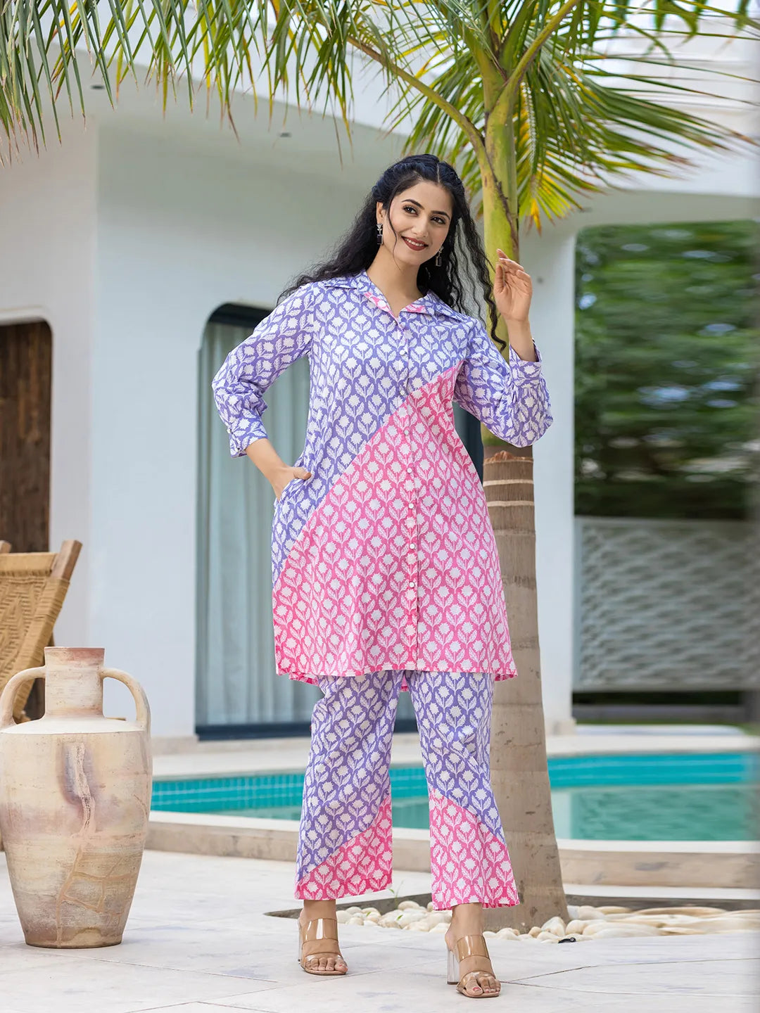 Yufta Purple & Pink Colour blocking Co Ord Set | Grocsy