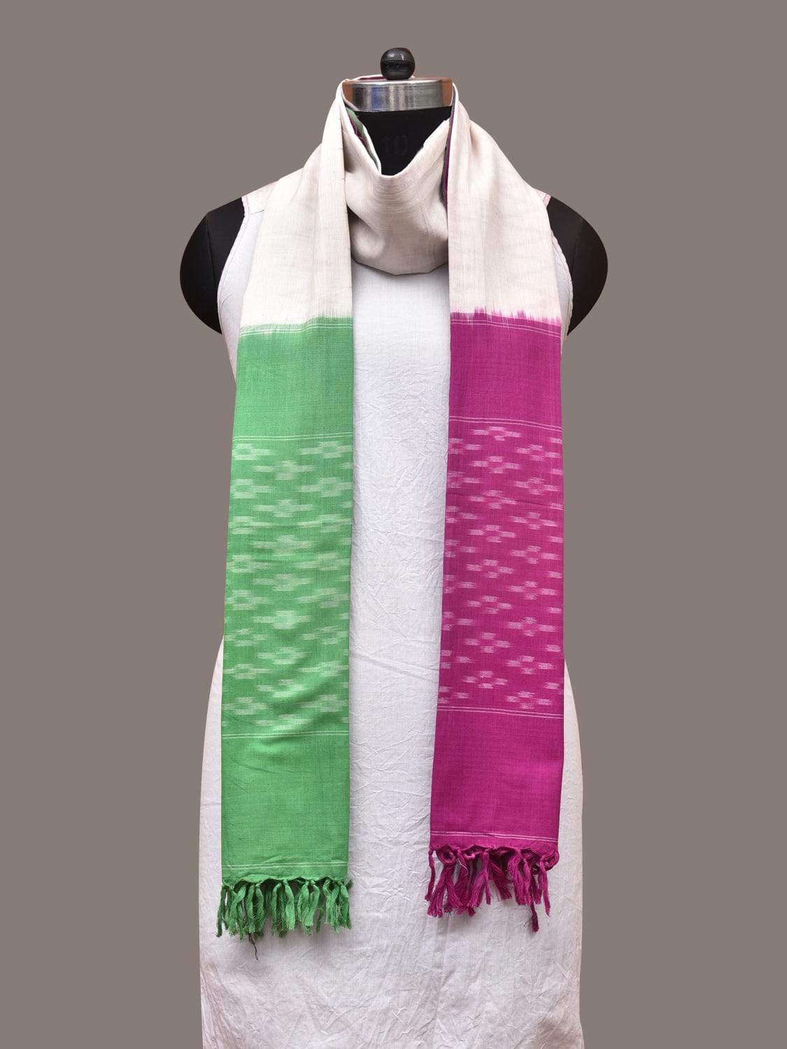 Purple and White Pochamaplly Ikat Cotton Handloom Dupatta with Temple Border Design - Global Threads | Grocsy