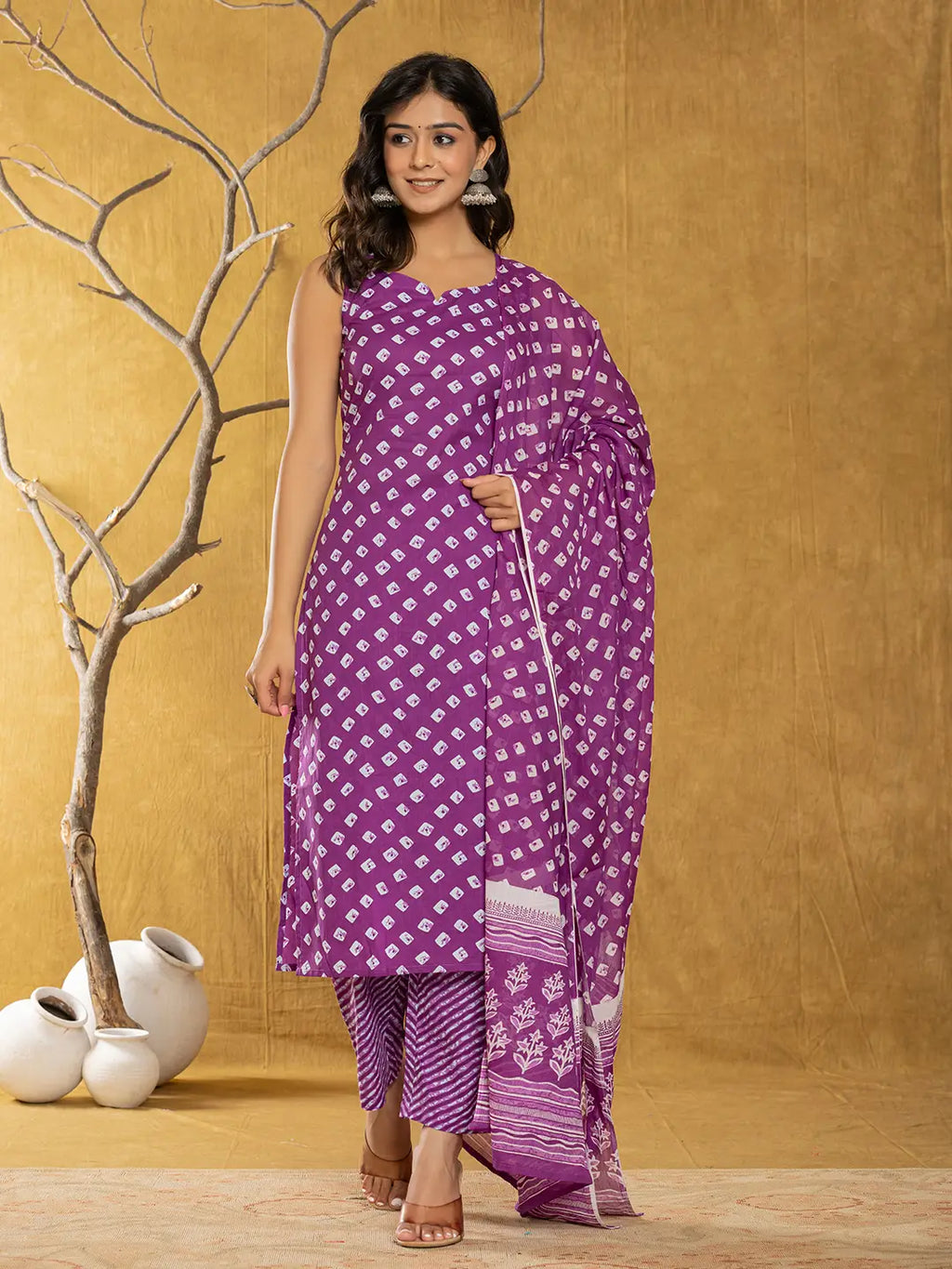 Yufta Purple Bandhani Cotton Straight Kurta Trouser & Dupatta Set | Grocsy