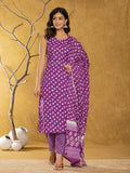 Yufta Purple Bandhani Cotton Straight Kurta Trouser & Dupatta Set | Grocsy