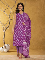 Yufta Purple Bandhani Cotton Straight Kurta Trouser & Dupatta Set | Grocsy