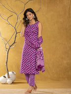 Yufta Purple Bandhani Cotton Straight Kurta Trouser & Dupatta Set | Grocsy