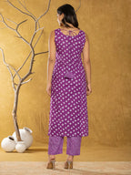 Yufta Purple Bandhani Cotton Straight Kurta Trouser & Dupatta Set | Grocsy