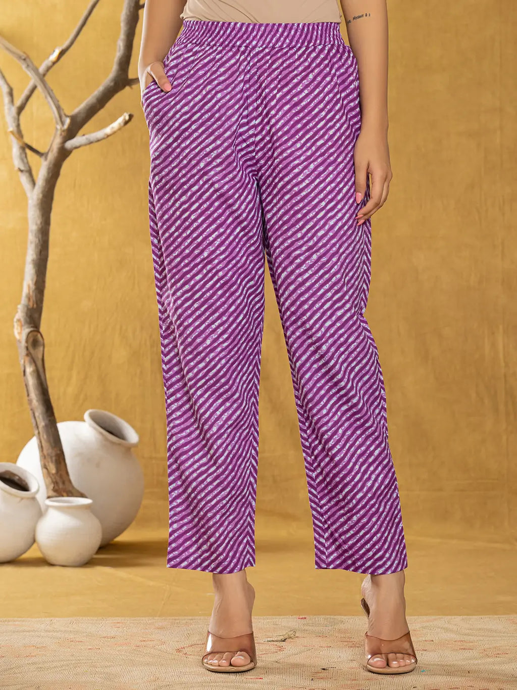 Yufta Purple Bandhani Cotton Straight Kurta Trouser & Dupatta Set | Grocsy
