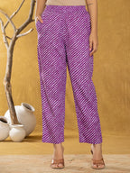Yufta Purple Bandhani Cotton Straight Kurta Trouser & Dupatta Set | Grocsy