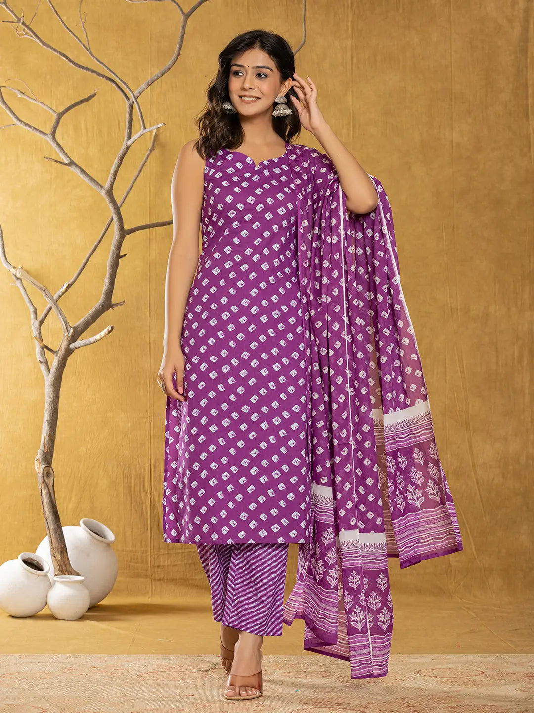 Yufta Purple Bandhani Cotton Straight Kurta Trouser & Dupatta Set | Grocsy